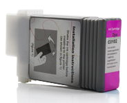 Cartucho de tinta para impressora cinza e rosa com etiqueta e texto