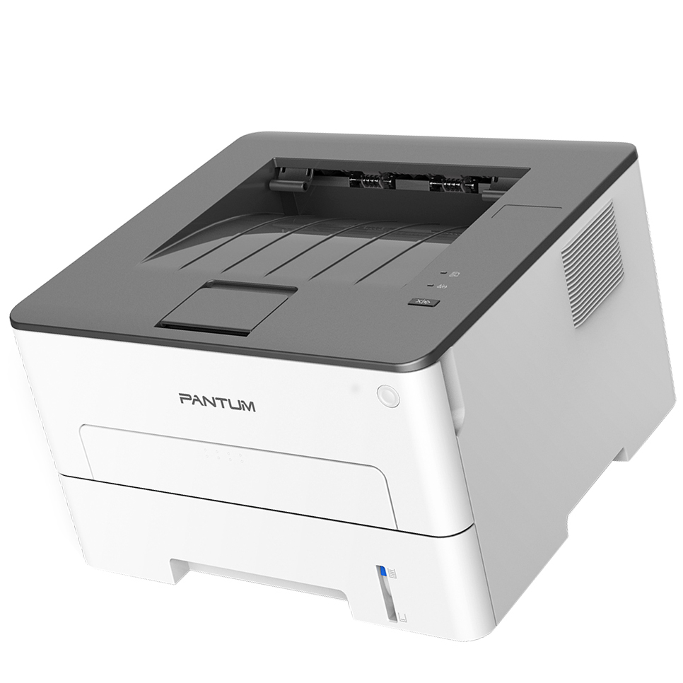 Impressora laser Pantum monocromática branca com tampa cinza e botões no topo
