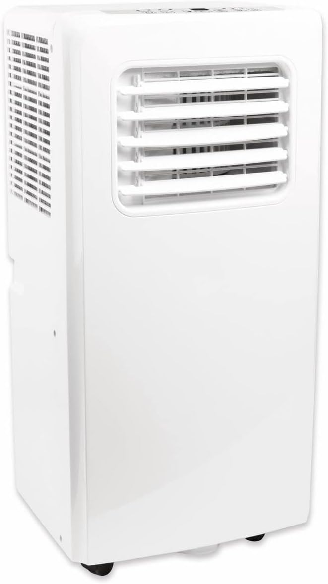 Ar condicionado portátil branco com grelhas frontais e laterais, e rodas na base