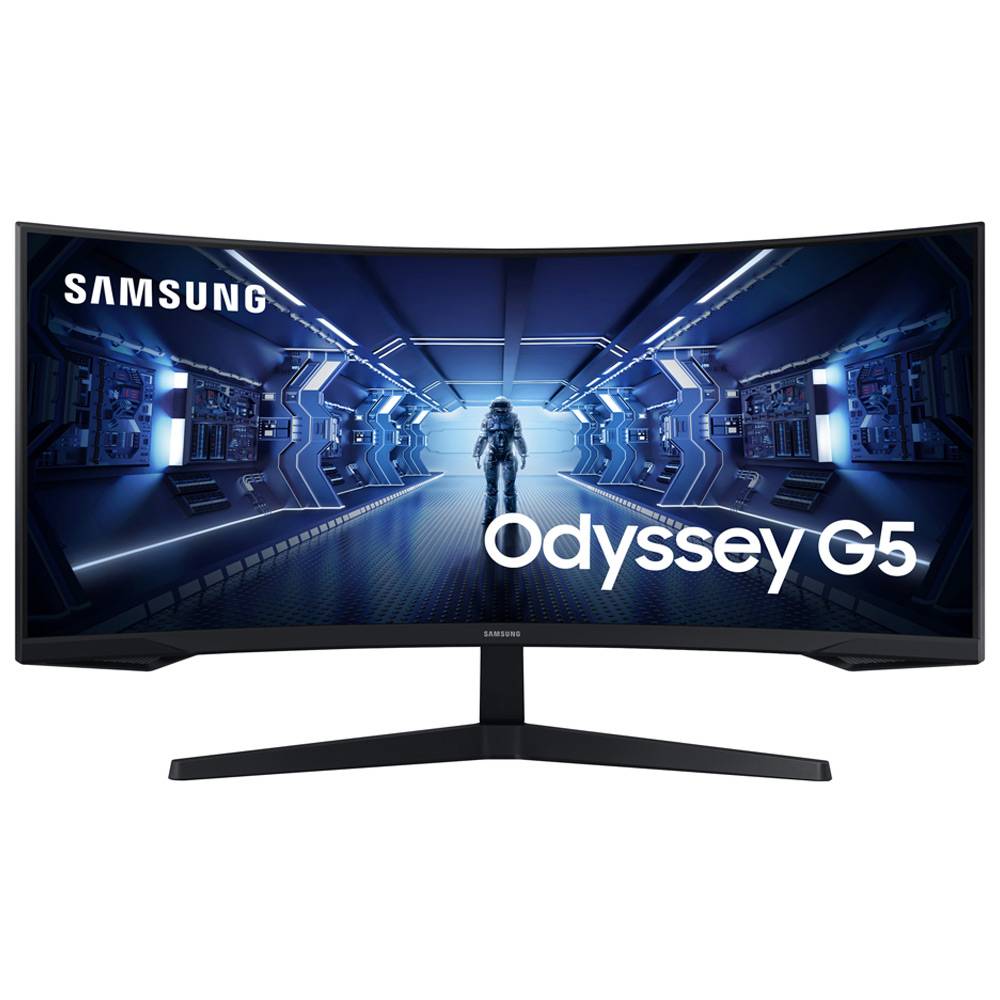 Monitor curvo Samsung Odyssey G5 preto com imagem de astronauta em corredor futurista no ecrã