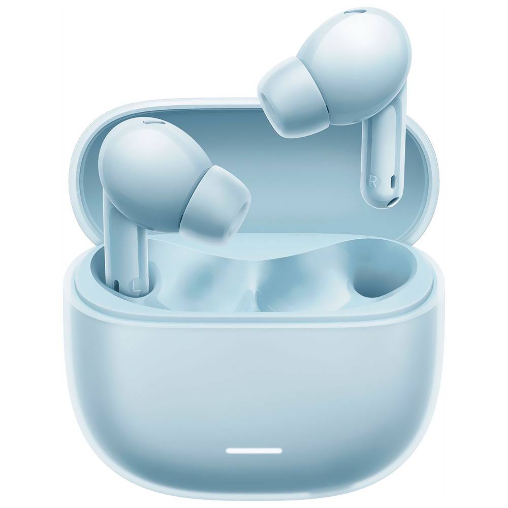 Auscultadores intra-auriculares wireless azuis com estojo aberto.