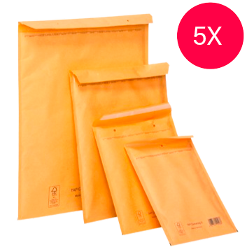 Cinco envelopes almofadados de cor laranja em tamanhos graduados