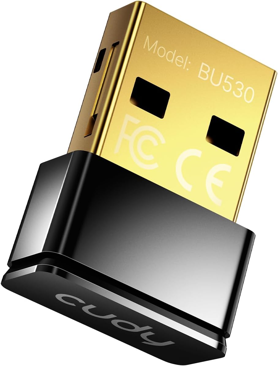 Adaptador USB preto e dourado modelo BU530 com certificações FCC e CE