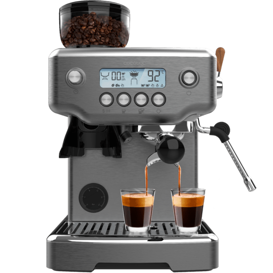 Máquina de café expresso em aço inoxidável com depósito de grãos, ecrã digital e duas chávenas com café