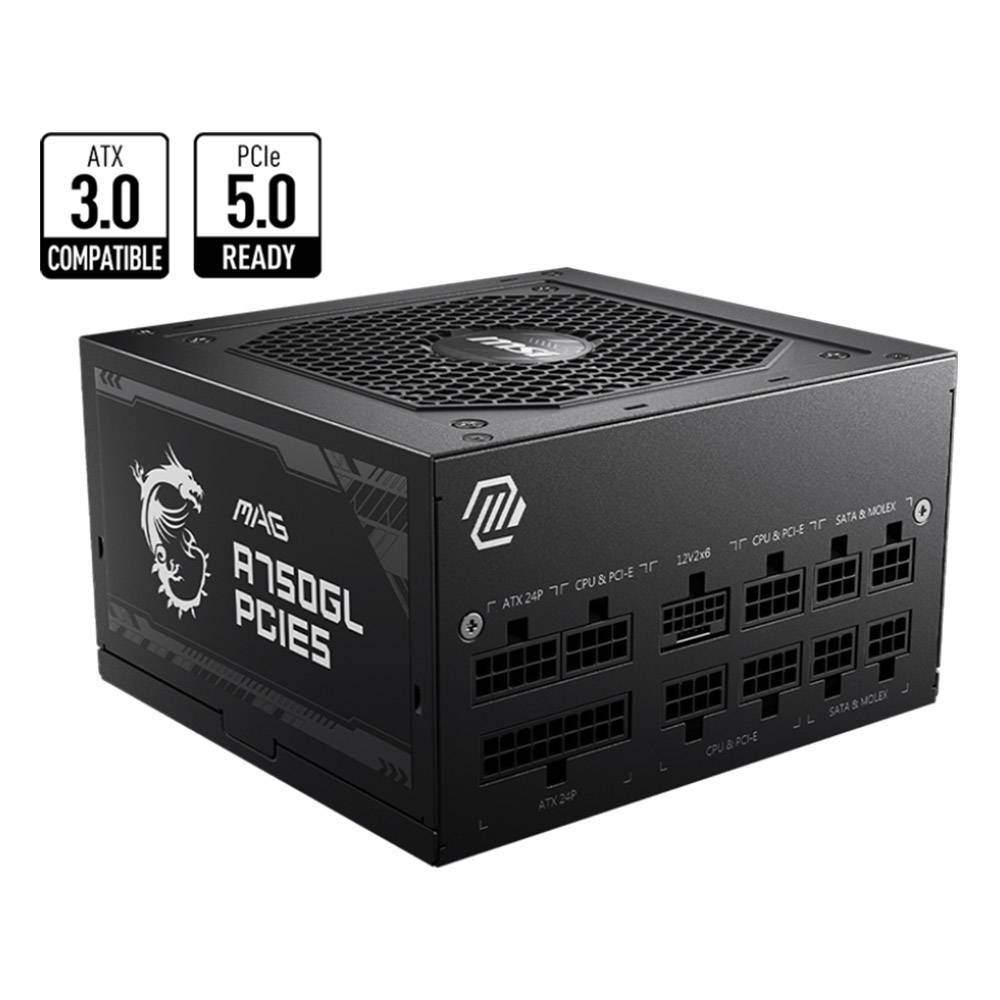 Fonte de alimentação MAG A750GL PCIe5 preta para PC com vários conectores