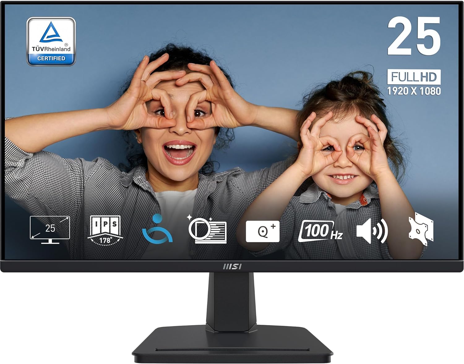 Monitor MSI 25 polegadas com imagem de mulher e criança fazendo gestos com as mãos