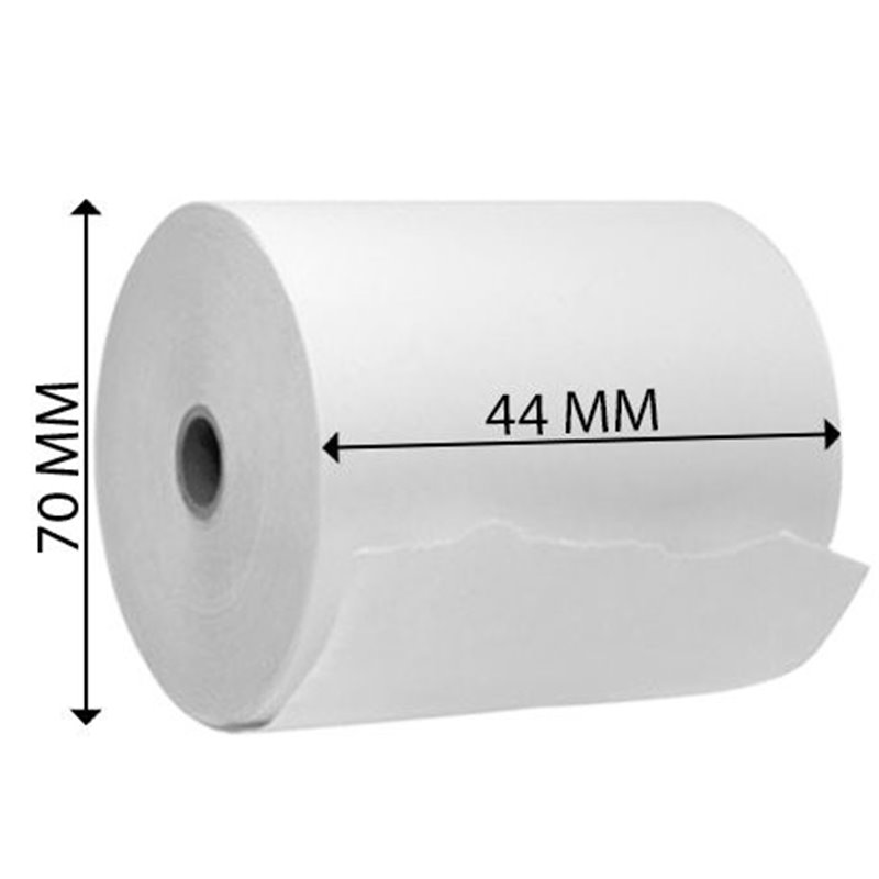 Rolo de papel térmico branco, 44 mm largura e 70 mm diâmetro.