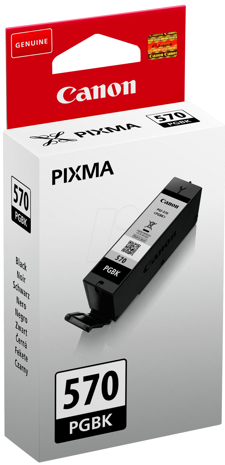 Tinta Canon PIXMA 570 PGBK preta em caixa branca e vermelha