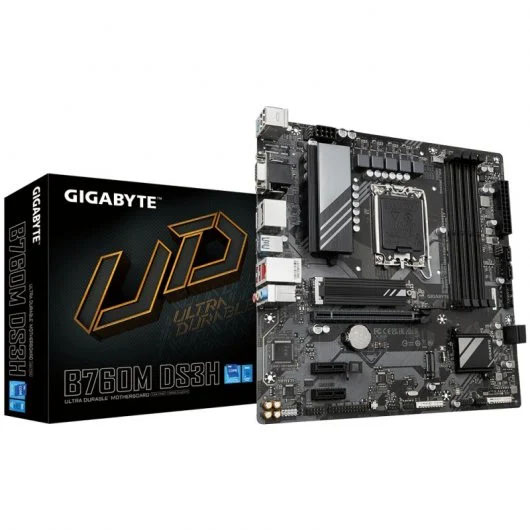 Placa-mãe Gigabyte B760M DS3H preta com caixa preta ao lado