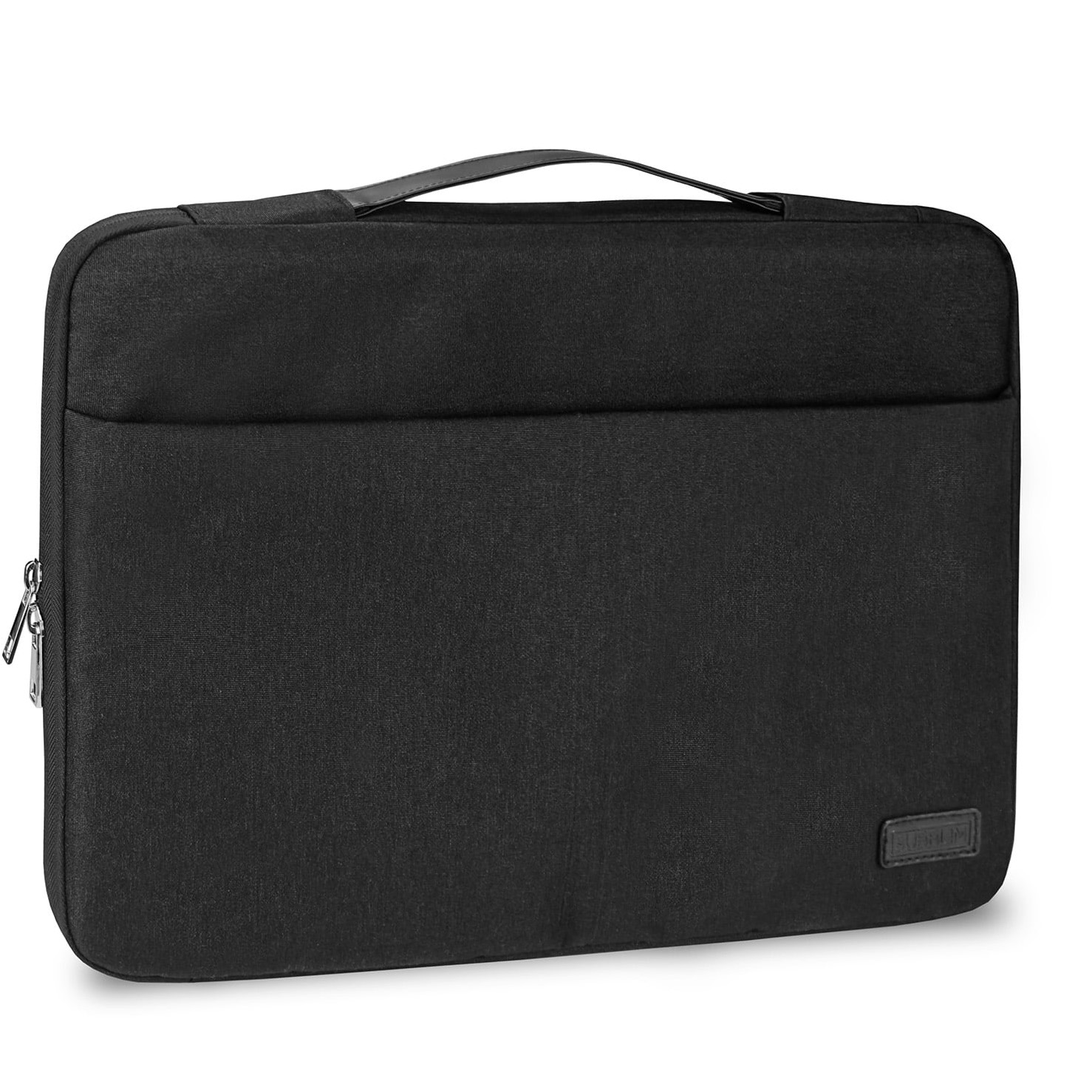 Bolsa preta para portátil com alça fina e fecho prateado