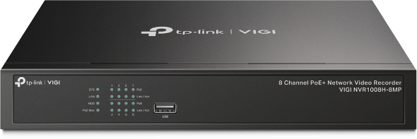 Gravador de vídeo de rede preto TP-Link VIGI modelo VIGI NVR1008H-8MP com LEDs e porta USB