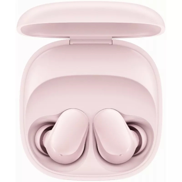 Fones de ouvido sem fios rosa claro num estojo de carregamento rosa claro