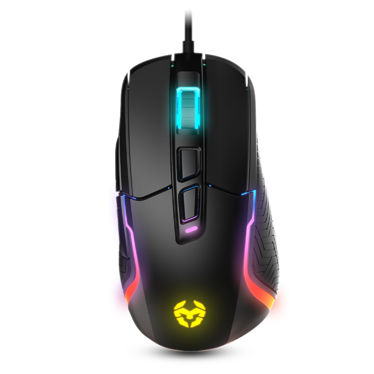 Rato de computador preto com iluminação LED colorida e vários botões