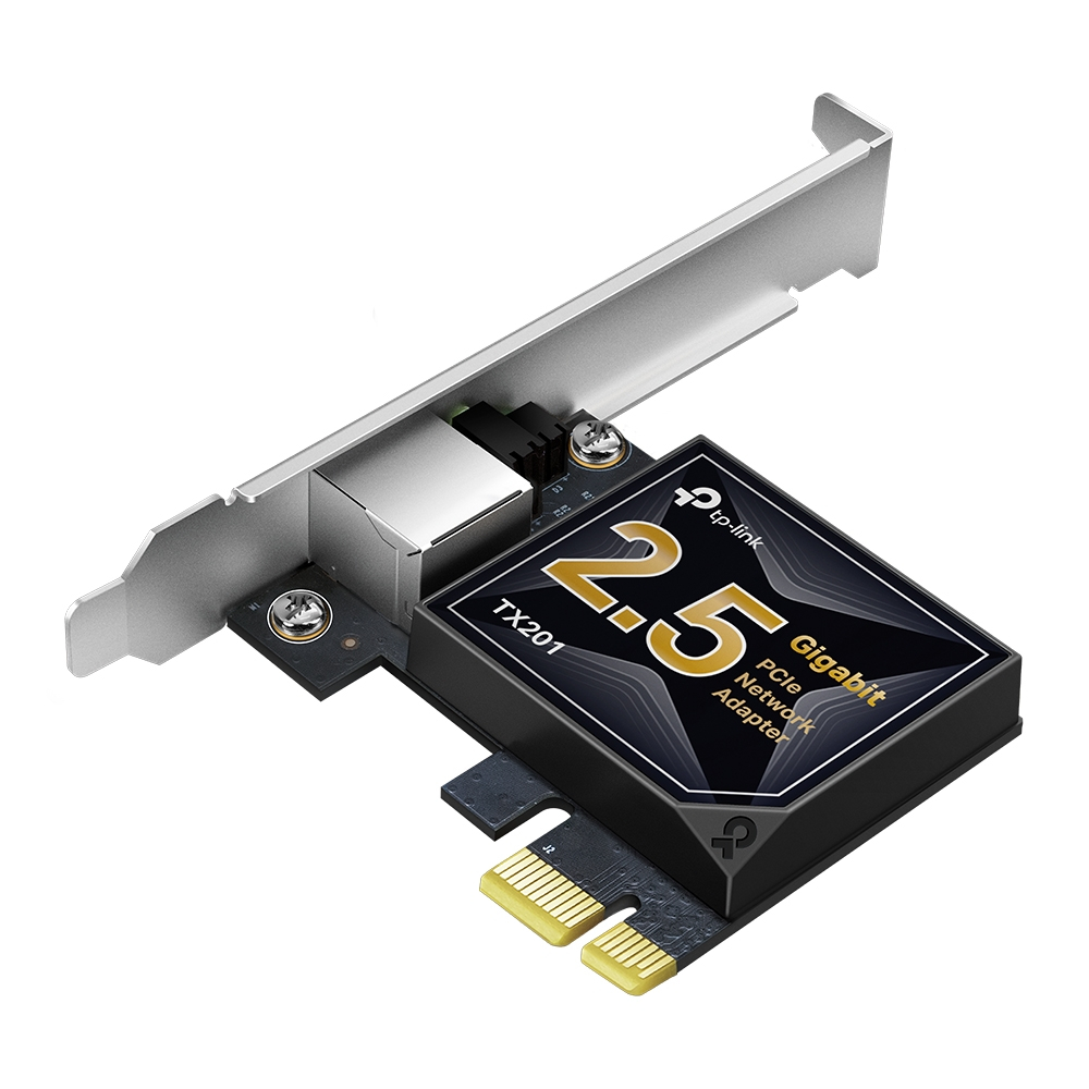 Placa adaptadora de rede PCIe TP-Link TX201 com etiqueta preta e dourada