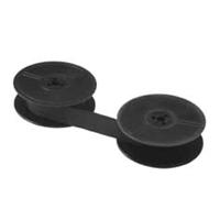 Dupla de roldanas plásticas pretas ligadas por tira plana, em fundo branco