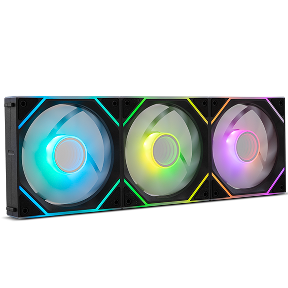 Três ventoinhas RGB para computador com molduras pretas e iluminação colorida