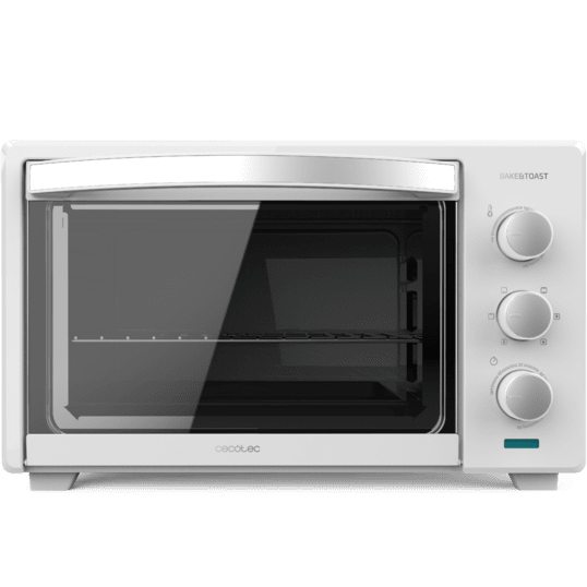 Forno elétrico Cecotec branco com porta de vidro e botões giratórios.
