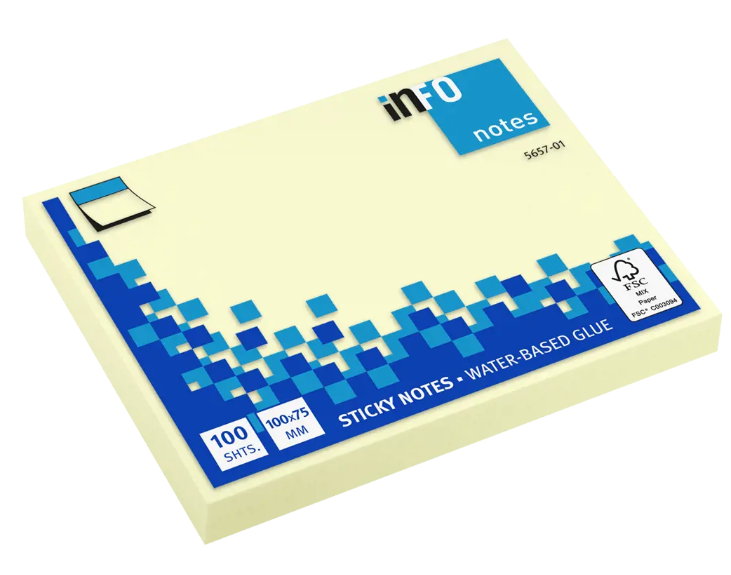 Bloco de notas autoadesivas amarelas com embalagem azul e branco