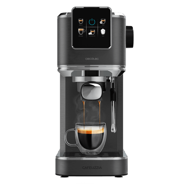 Máquina de café espresso Cecotec Cafelizzia em aço inoxidável, painel digital e copo de vidro com café