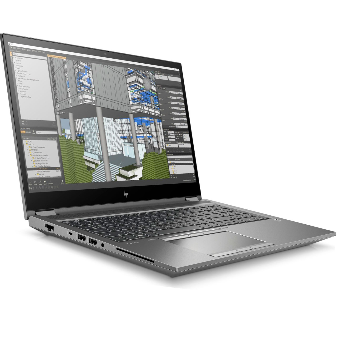 Portátil HP prateado com software de modelação arquitetónica aberto