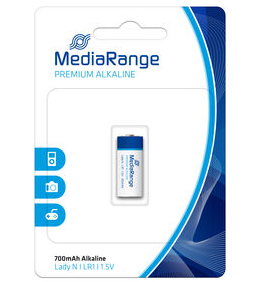 Embalagem branca e azul de pilha alcalina MediaRange Lady N LR11