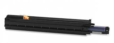 Cartucho de toner preto para impressora com detalhes azuis e amarelos