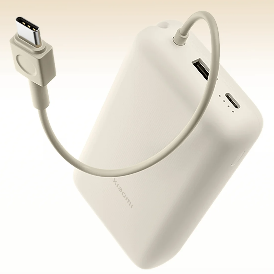 Carregador portátil branco Xiaomi com cabo USB-C e indicadores LED
