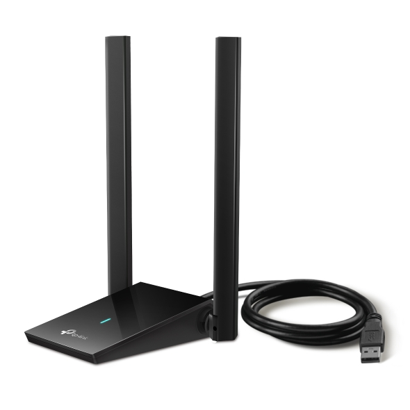 Adaptador USB Wi-Fi preto TP-Link com duas antenas e cabo USB