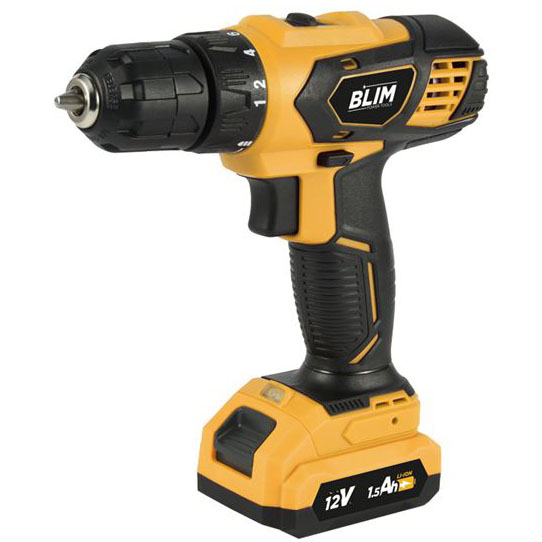 Parafusadora elétrica amarela e preta com bateria 12V 1.5Ah da marca BLIM