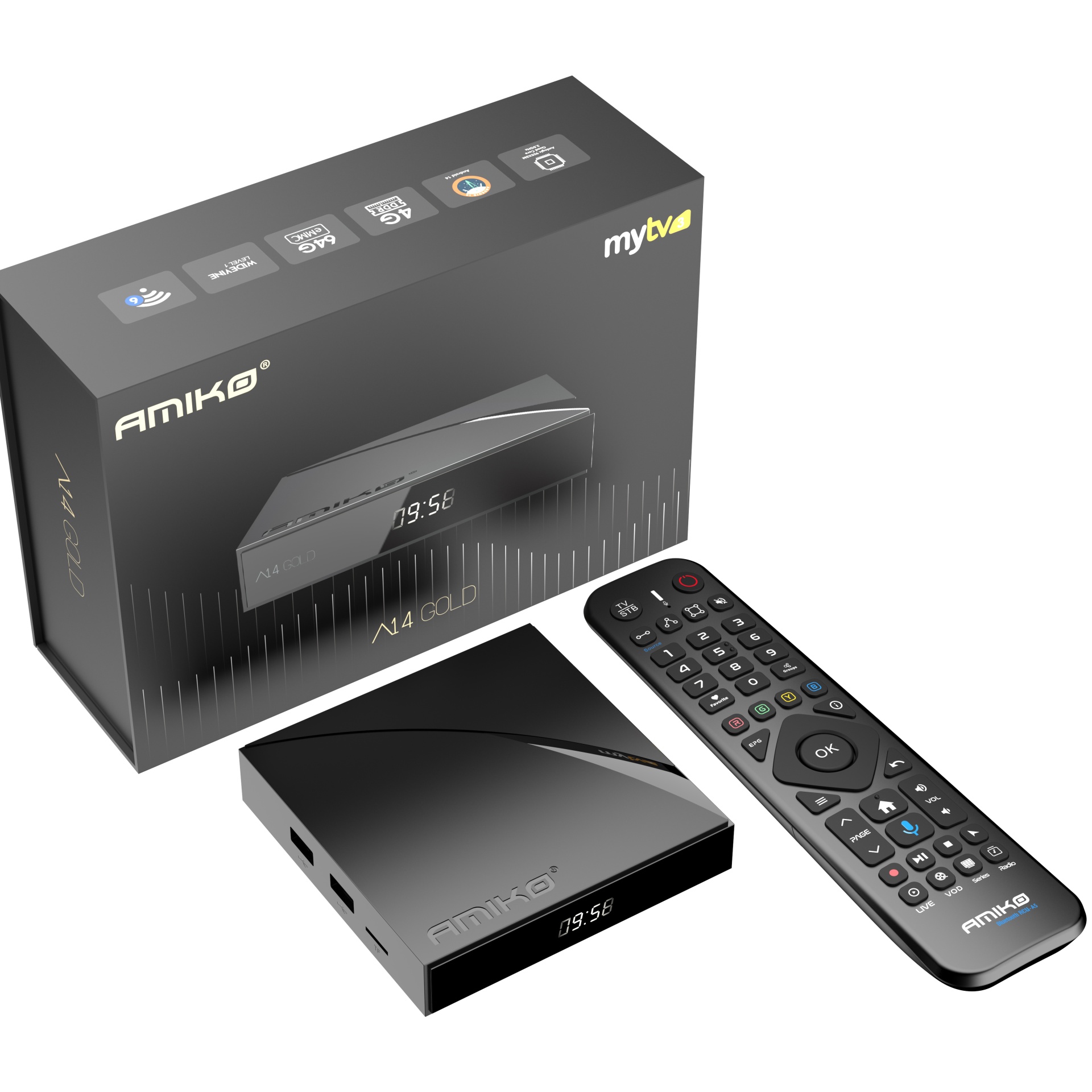 Decodificador Amiko A4 Gold com telecomando e caixa