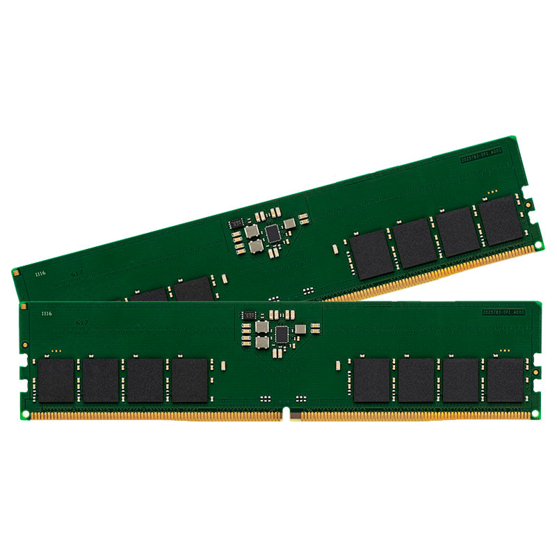 Dois módulos de memória RAM verdes com chips pretos