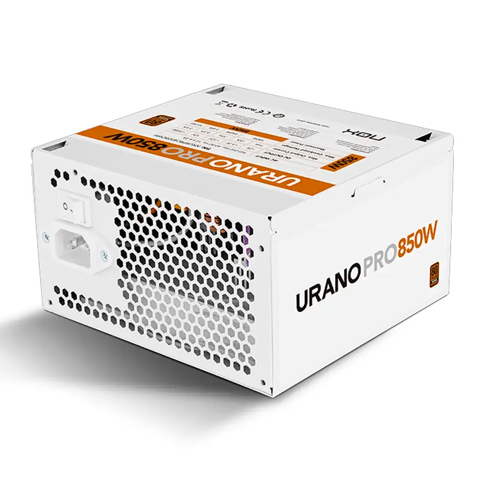 Fonte de alimentação URANO PRO 850W branca com grelha hexagonal e botão de ligar