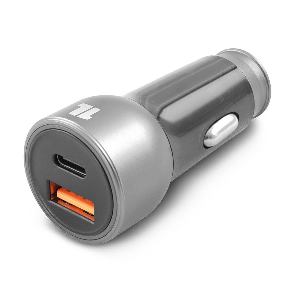 Carregador de carro cinzento com duas portas USB
