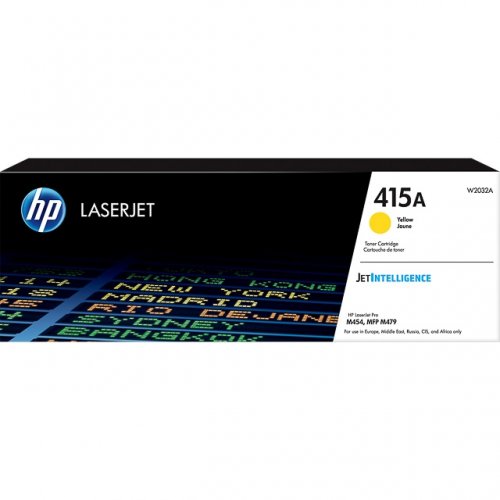 Cartucho de toner amarelo HP LaserJet 415A W2032A em embalagem preta e branca