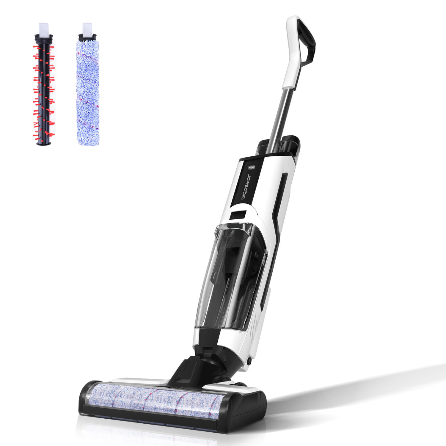 aspirador vertical branco e preto com rolos de limpeza