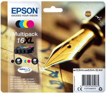Cartucho de tinta Epson Multipack 16 XL com quatro cores e embalagem detalhada