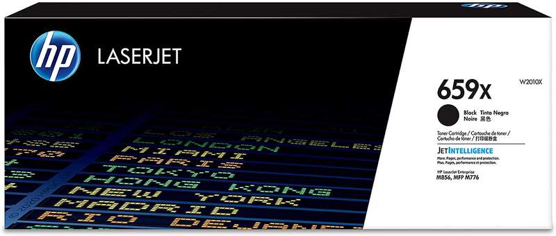 Caixa de toner HP LaserJet 659X preta com texto e design colorido
