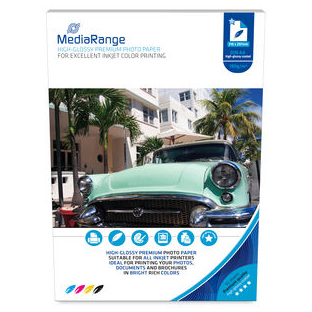 Pacote de papel fotográfico MediaRange com imagem de carro clássico verde e texto em branco e azul