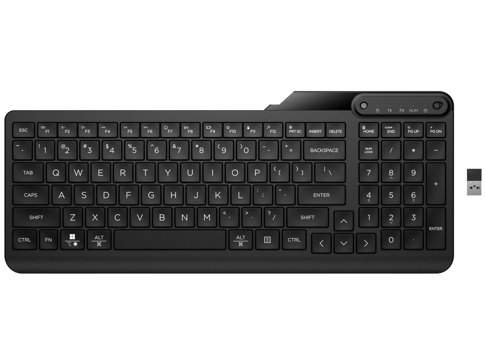 Teclado preto sem fios com teclado numérico e dispositivo USB