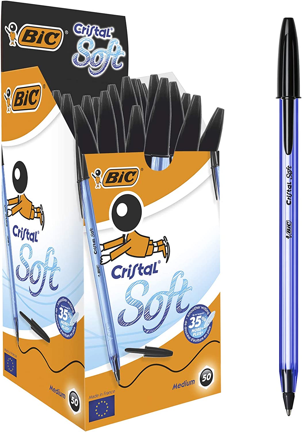 Caixa com 50 canetas esferográficas BIC Cristal Soft azul com tampas pretas