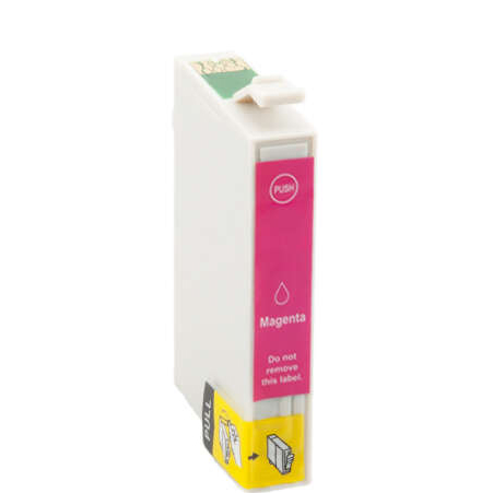 Cartucho de tinta magenta para impressora com etiquetas coloridas e texto