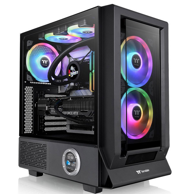 Computador desktop preto com ventoinhas RGB e painel frontal com mostrador digital