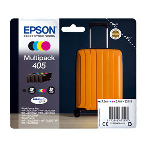 Multipack Epson 405 com tinteiros preto, magenta, amarelo e azul e imagem de mala laranja