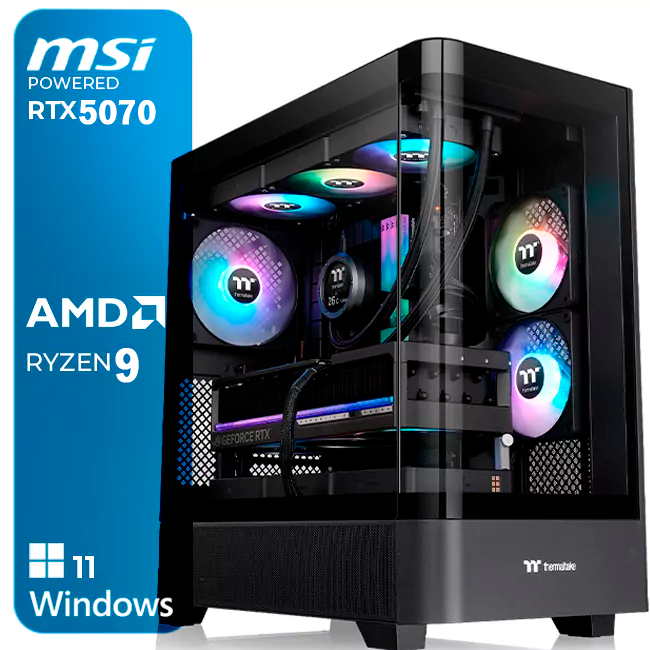 Computador desktop preto com ventoinhas RGB e componentes visíveis