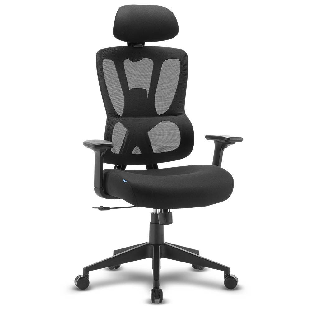 Cadeira de escritório preta com encosto em rede e apoio de cabeça