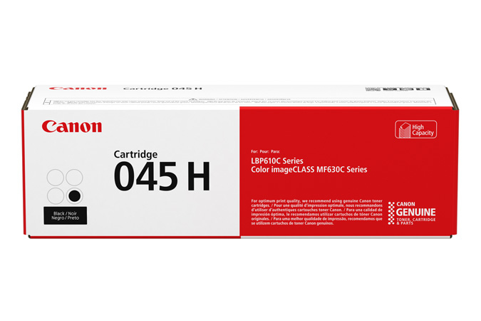 Embalagem de toner Canon Cartridge 045 H com design branco e vermelho