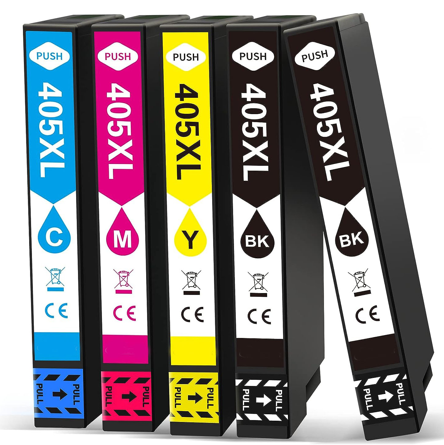 Conjunto de cinco tinteiros de impressora com etiquetas coloridas e texto 405XL