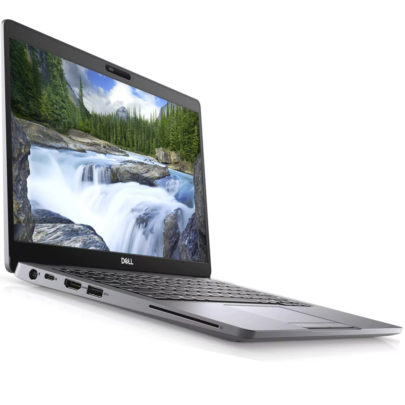 Computador portátil Dell cinza prata com ecrã aberto mostrando cascata