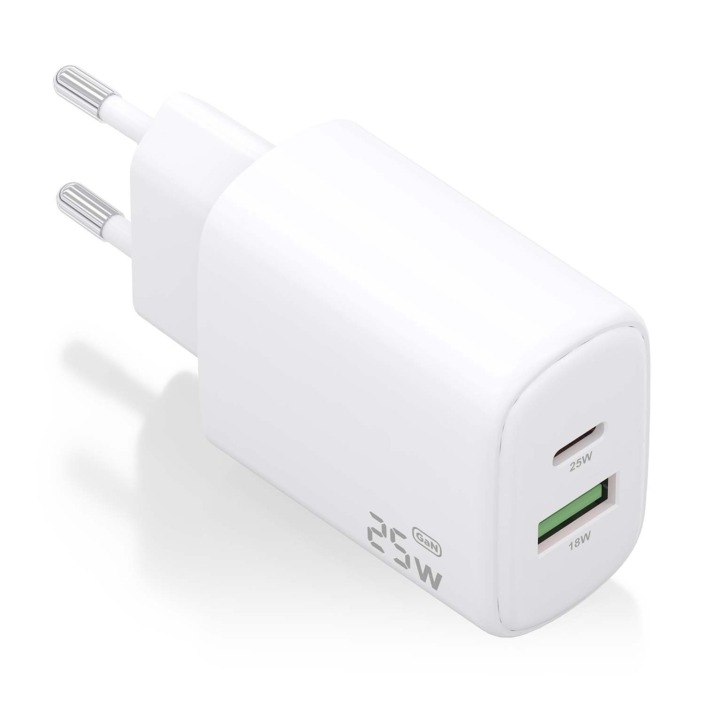 Carregador de parede branco com duas portas USB e plugue europeu