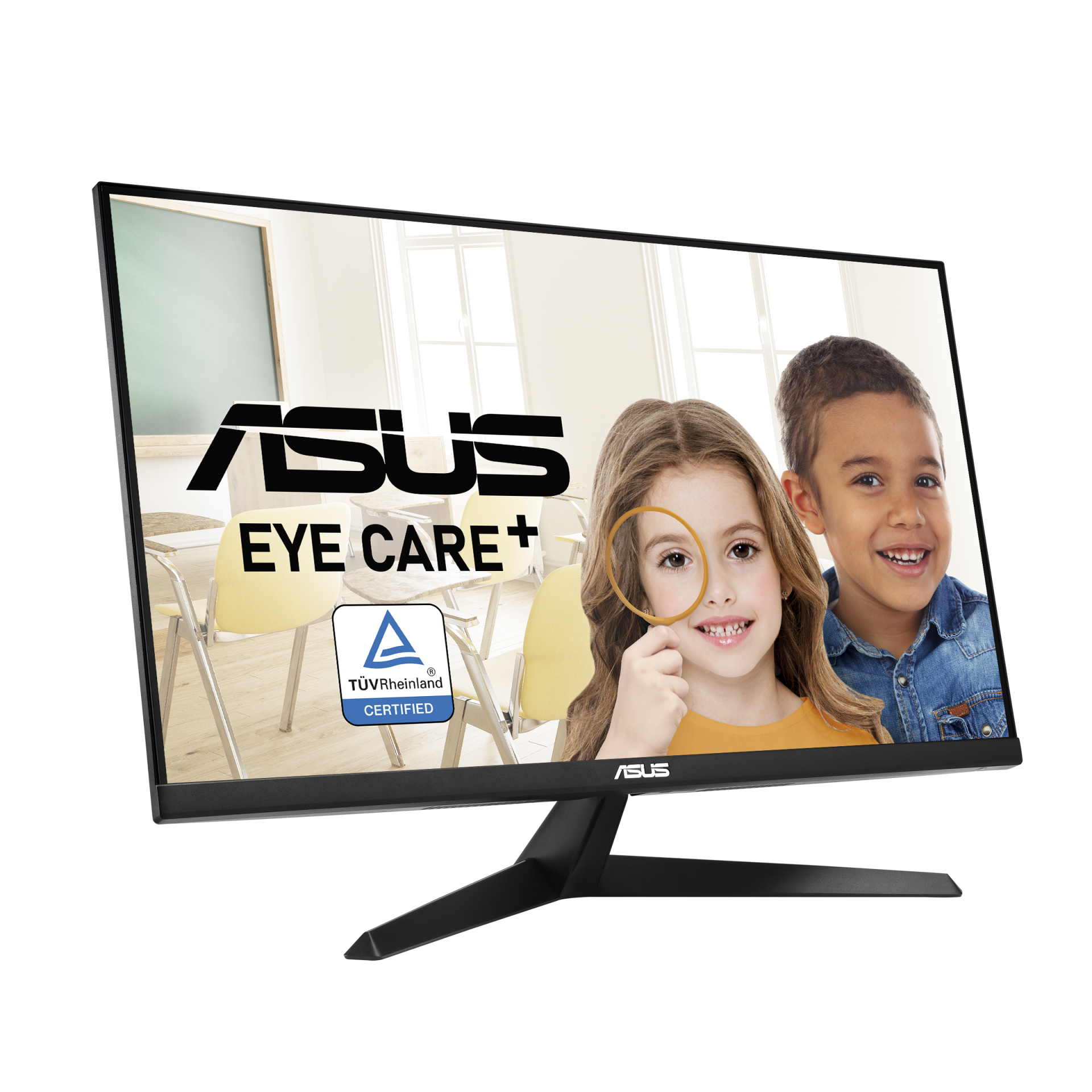 Monitor preto ASUS Eye Care+ com imagem de duas crianças e texto no ecrã